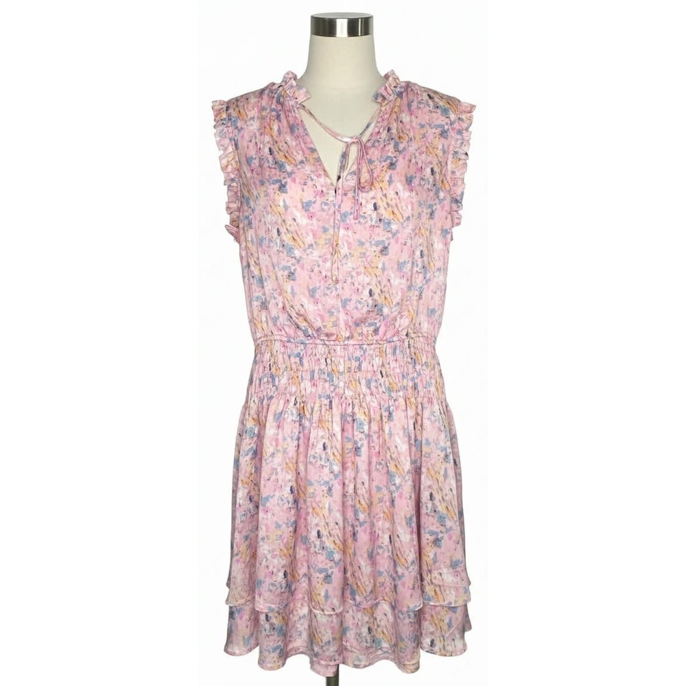PINCH Anthropologie Pink Floral MIDI DRESS SIZE LARGE Ruffle Sleeve & Neck lined